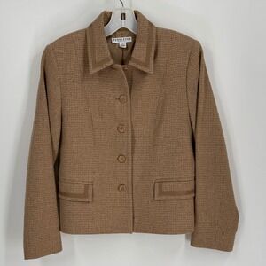 Pendleton Petite Tan Wool Silk Leather Trim Blazer Jacket Brown Size 8 RN 29685